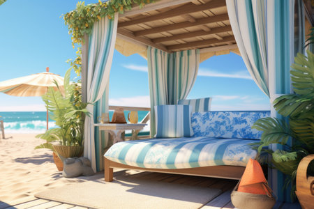A tranquil beach cabana with blue-stripped furnishings overlooks a sunny seasideの素材