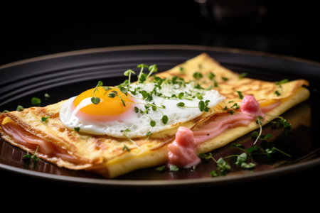 Crepe filled with ham, topped with a fried egg and fresh herbsの素材