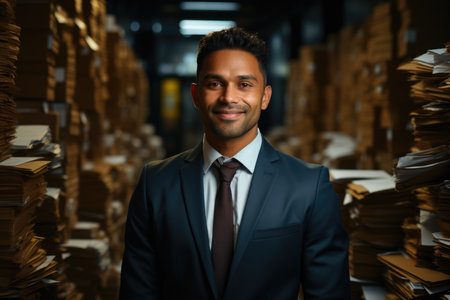 Confident businessman standing in a room full of filesの素材