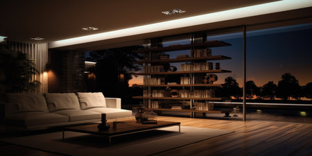 Elegant living room interior with warm lighting overlooking a twilight skyの素材