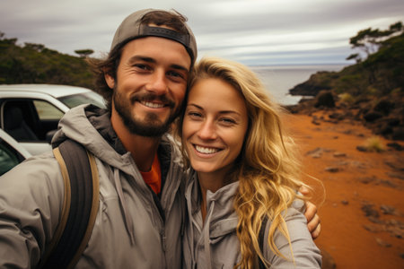 Happy couple taking a selfie on a coastal hikeの素材