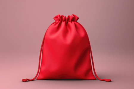 Red satin drawstring pouch on a smooth pink backgroundの素材
