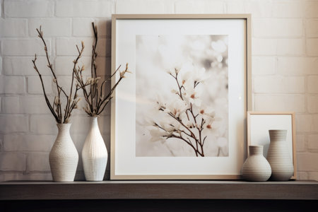 Elegant interior decor with framed blossom photo and textured vasesの素材