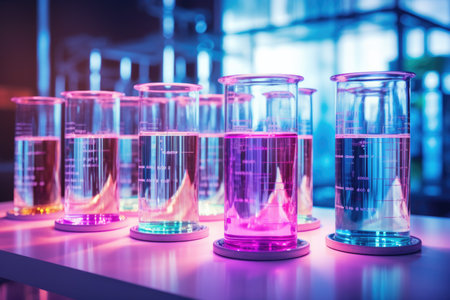 Colorful liquid in test tubes in a science lab with neon lightsの素材