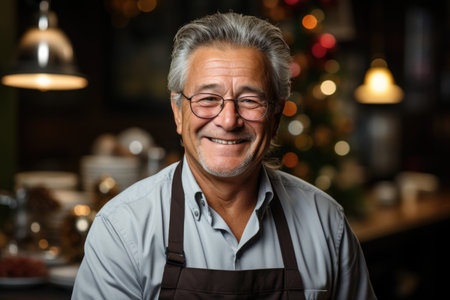 Mature male chef with gray hair, wearing apron, smiling in a festive kitchenの素材