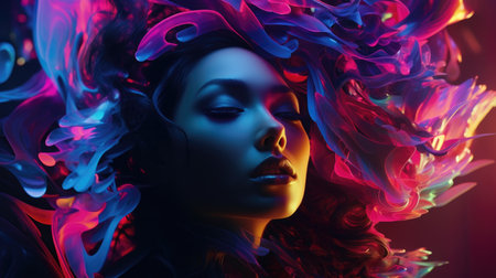 Portrait of a woman with vibrant, abstract smoke swirls enveloping her in a dreamlike sceneの素材