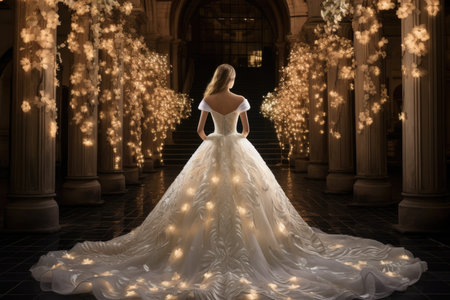 A bride in an ornate gown lit with fairy lights stands in an opulent hallwayの素材