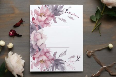 Elegant floral invitation card surrounded by decorative elements on woodの素材