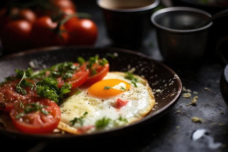 A savory fried egg garnished with fresh herbs and tomatoes on a dark, rustic plateの素材