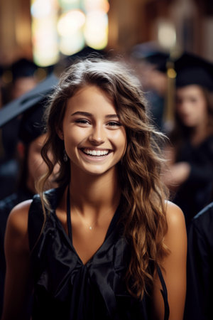 A joyful young woman in graduation attire, beaming with pride among peersの素材