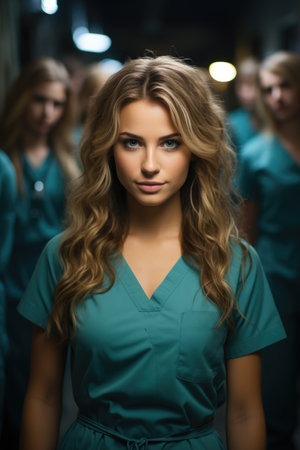 A young healthcare professional in scrubs with a compelling and caring gazeの素材