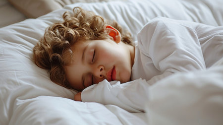 Young boy with curly hair sleeping soundly in a white bedの素材