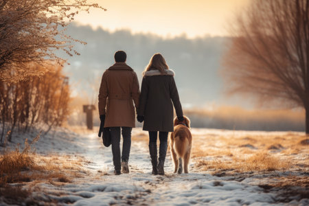 Back view of a couple walking their dog in a snowy landscapeの素材