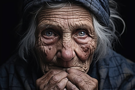 Close-up portrait of an elderly woman with striking blue eyesの素材