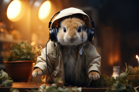 Cute guinea pig wearing headphones, humor conceptの素材