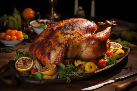 A succulent roasted turkey garnished with fresh herbs and citrus, ready for a celebratory mealの素材