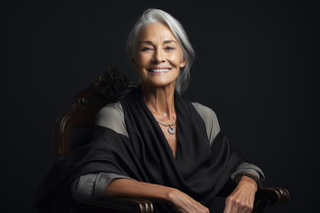 Graceful senior woman with white hair smiling, studio portraitの素材