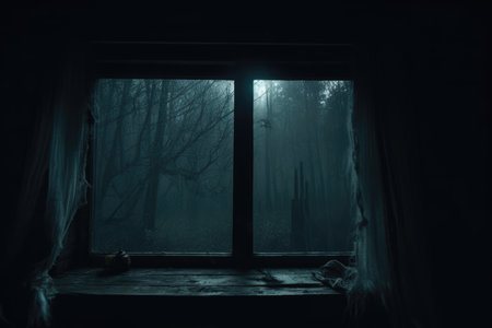 Eerie view of a foggy forest through a rustic cabin window at nightの素材