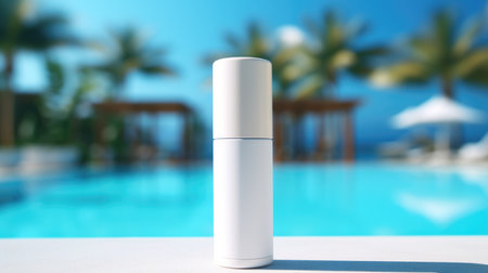 A blank sunscreen bottle on a sunny poolside backdropの素材