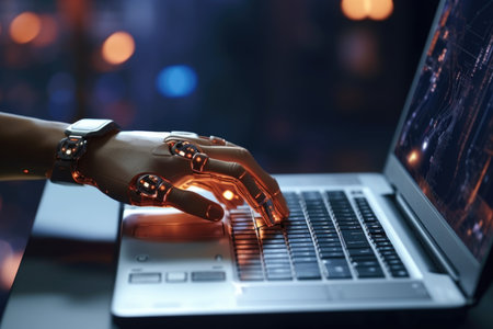 Close-up of a robotic arm typing, symbolizing AI and automationの素材