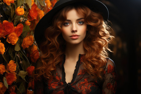 Chic woman with curly hair and black hat surrounded by vibrant orange rosesの素材