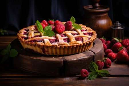 An artisanal berry tart with fresh strawberries and mint, presented in a rustic kitchenの素材