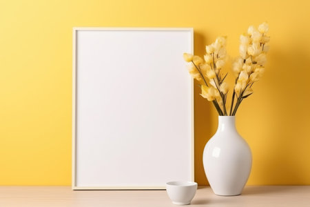 Minimalist mockup with white picture frame, yellow wall, and vase with yellow tulipsの素材