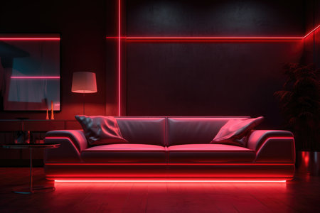 Modern living room bathed in red neon light with a sleek sofaの素材
