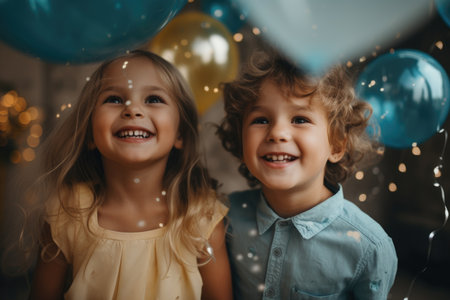 Two joyful children with balloons surrounded by confetti at a celebrationの素材