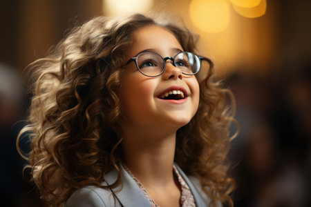 Curly-haired young girl with glasses smiling upwards joyfullyの素材