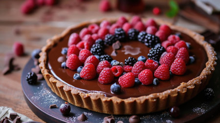 An indulgent chocolate tart topped with fresh berries and chocolate piecesの素材