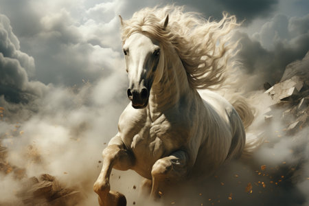 Powerful white horse galloping with a stormy backdropの素材