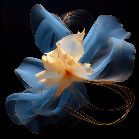 Digital art of a blue and gold abstract flower against a black backdropの素材