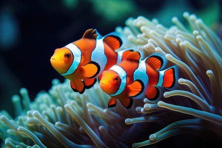 Two clownfish nestled in the protective tentacles of a sea anemoneの素材