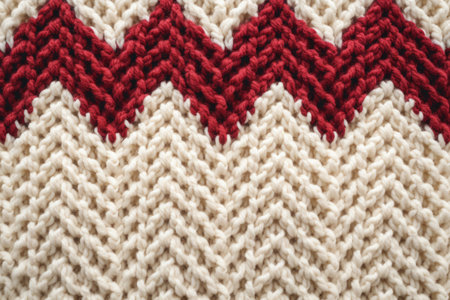 Detailed view of a hand-knitted chevron pattern in contrasting red and creamの素材