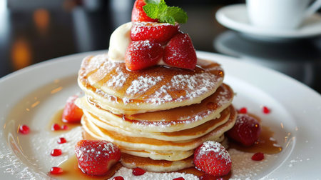 A sumptuous stack of pancakes topped with strawberries, syrup, and powdered sugarの素材