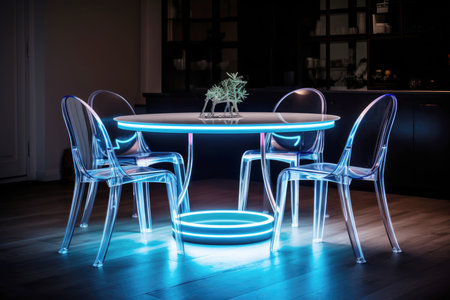 A contemporary dining set illuminated with neon blue light, highlighting sleek designの素材