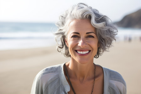 Joyful silver-haired woman smiling on a sunny beachの素材