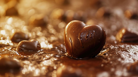 Glistening heart-shaped chocolate on a gooey chocolate background with sprinklesの素材