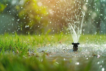 Water sprinkler spraying water droplets on lush green lawn, copy spaceの素材