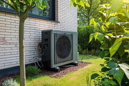 Residential heat pump system installed outside a modern houseの素材