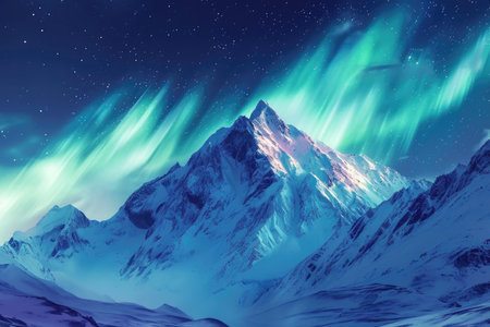 A breathtaking aurora borealis over snow-clad mountain peaks under a starry skyの素材