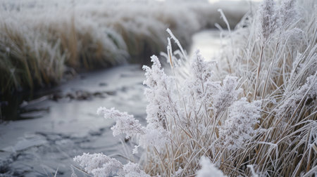 Close-up of grasses with frost beside a frozen streamの素材