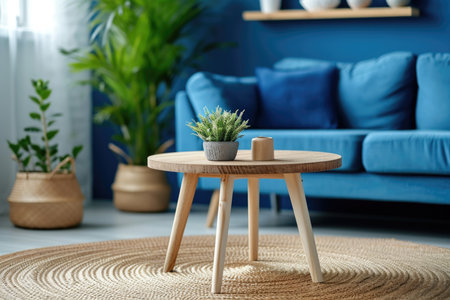 Cozy modern living room interior with blue sofa and wooden coffee tableの素材