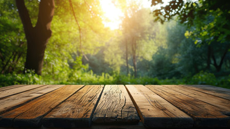 Morning sunlight beams onto a rustic wooden table with a forest backdropの素材
