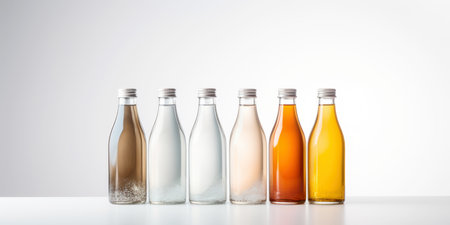 Transparent glass bottles containing various shades of liquids aligned neatlyの素材
