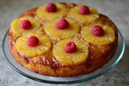 Freshly baked pineapple upside-down cake with caramelized topping and raspberriesの素材