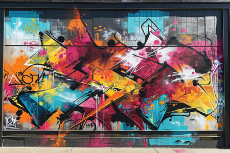 A vibrant graffiti mural on an urban street wallの素材