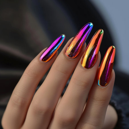 Close-up of hand showcasing vibrant, shiny chrome nail polish in a rainbow of colorsの素材