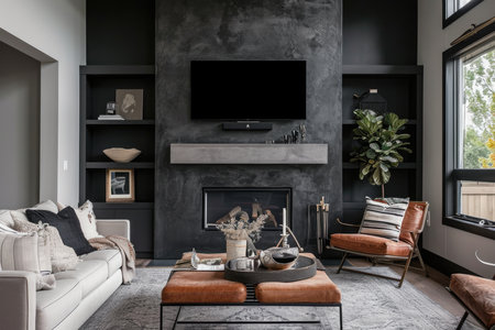 Stylish interior showcasing dark walls, fireplace, and designer furnitureの素材